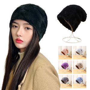 Beanie/Kafatası Kapakları Moda Katı Sahte Tavşan Kürk Y2K Beanies Kadınlar için Yumuşak Sıcak Kabarık Angola Kış Şapkası Kadın Rüzgar Geçirmez Bonnet Şapkası 230904