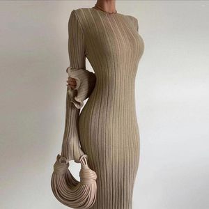 Casual Dresses Khaki Knitted Sweater Dress For Women Sexy Backless Long Slim Autumn Winter Elegant Solid Flare Sleeve 2023
