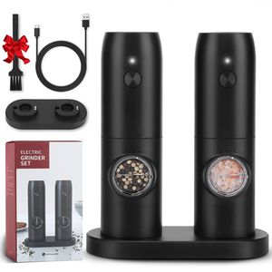 Mills Electric Automatic Salt and Pepper Grinder Set USB RechargeableBattery Powered Adjustable Coarseness Spice Mill with LED Light 230901