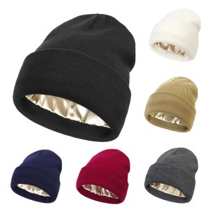 Gorro grosso forrado de cetim para mulheres – Chapéu de inverno forrado de cetim – Chapéu desleixado protetor de cabelo quente – Chapéus de malha grossos