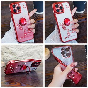 Metal Parmak Yüzük Tutucu Çin Kırmızı Çiçek Yumuşak TPU İPhone 15 Pro MAX 14 Plus 13 12 11 Pro Chromed Metalik Pırlanta Bling Pırıltılı Kaplama Lüks Kapak