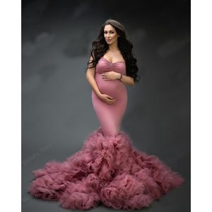 Off Shoulders Stretchy Spandex Fabric Maternity Dress Tiered Ruffles Pleated Bottom Tulle Mermaid Robes Train Vestito
