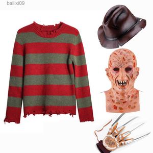 Parti Maskeleri Freddy Krueger Cosplay Kostümü Yetişkin Sweater Kırmızı Çizgili Örgü Üst Kat Şapka Maskesi Freddie Krueger Cadılar Bayramı Kostümleri T230905