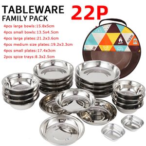 Camp Kitchen 17/22Pcs Set Camping Stainless Steel Dinner Dish Plate Durable Outdoor Picnic Tableware Salad Bowl Food Container Picnic Travel 230905