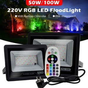 220V LED Taşkın Işığı 50W 100W IP66 Su Geçirmez RGB Spot Işık Dış Mekan Renk Bahçe Peyzajı Aydınlatma için RGB Taşıma Işığını Değiştiriyor