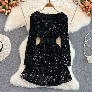 Sıradan elbiseler Kemer dizisi vestido elegante dişi o boyun boyu uzun kollu kadın elmas moda ins dropship