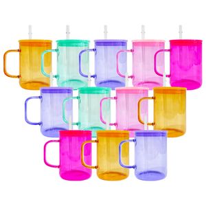 colorful jelly 17oz High Borosilicate sublimation clear crystal high borosilicate colored glass camper hot chocolate and coffee mugs with colored lid and handle