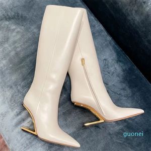Tasarımcı -kadın moda sivri yüksek topuklu yüksek zip botları diz boyu sürme botları altın metal oyma topuk lüks moda zarif ayakkabılar fabrika