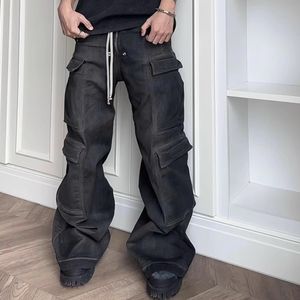 Wide Leg Pants Multi-Pockets Grey Baggy Jeans for Men Straight Drawstring Denim Trousers