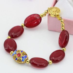 Strand Wholesale Fiyat Cloisonne Aralayıcıları Boncuklar 13 18mm Kırmızı Doğal Taş Jades Chalcedony Oval Bilezik Mücevherleri 7.5inch B2727