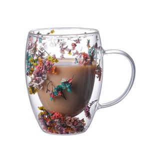 Creative Double Wall Glass Cups with Real Flower Conch Flash Filler, Hand Gifts, High Borosilicate Glass Mugs with Handles