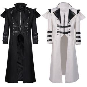 Qnpqyx jaquetas vintage halloween medieval steampunk assassino elfos pirata traje adulto masculino preto longo split jaqueta armadura gótica casacos de couro