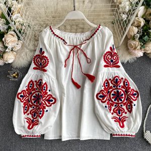 Women's Embroidered Lace-Up Tassel Blouses: Retro Style National Print V-Neck Lantern Sleeve Tops