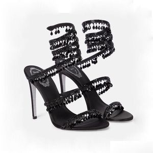 Sandallar kristal lamba stiletto topuk için kadın ayakkabı rene caovilla cleo rhinestone çivili yılan strass ayakkabıları lüks tasarımcılar 9.5cm h dhq8i