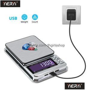 Scales High Precision Jewelry Scale 1000G/600G/200Gx0.01G Digital Lcd Count Electronic Stainless Pocket Kitchen Usb Charge Drop Delive Dhxei