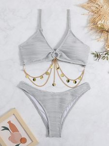 Kadın Mayo Kadınlar 2 PCS Seksi Bikini Mayolar Mayo Takımları Set Yaz Plajı Altın Metal Zincir Sling Sutyen Tops Thang Dips Brezilyalı