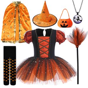 Cosplay 2023 Cadılar Bayramı Karnavalı Çocuklar Cadı Kostümleri Kızlar Mor Turuncu Puflu Kol Tül Balesi Tutu Elbise Sequin Dans Giysileri 230906