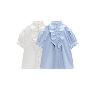 Женские блузки 2023, осенняя модная осенняя однорядная хлопковая текстурированная рубашка с короткими рукавами и воротником-стойкой сбоку