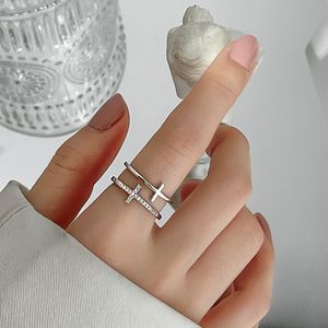 Модное двухслойное перекрестное кольцо с цирконом для женщин, золото, серебро, регулируемые кольца на палец, блестящие корейские элегантные ювелирные изделия, подарок, оптовая продажа YMR009