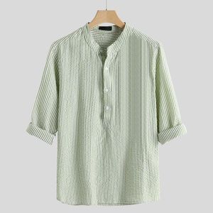 Erkekler Sıradan Gömlekler Stripe Baskı keten gömlek standı Yaka Uzun Kollu Bluz Yarım Düğme Erkekler Moda Camisas Blusas Kıyafetler Üst