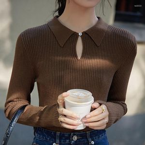 Kadınların Sweaters Button Hollow Out Kadın Kazak 2023 Sonbahar Kore Stil Dönüşü Down-Down Pullover Uzun Kollu Üstler Kadın Kırpma Çekişleri