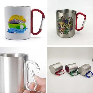 Wholesale! 10oz Sublimation Carabiner Handle Cups White&Silver Coated Mugs For Sublimation Outdoor Stainless Steel Water Bottles 828