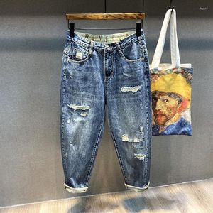 Jeans masculinos verão fino e angustiado mendigo calças tendência solta encaixe reto tubo harem cortado primavera outono 2023