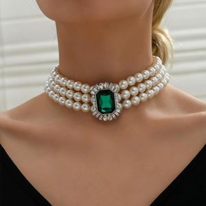 Chains MASA Women Trend Vintage Necklace Jewelry Multi-layer Emerald Inlay Pearls Choker Neck Accessory Lover Anniversary Gifts