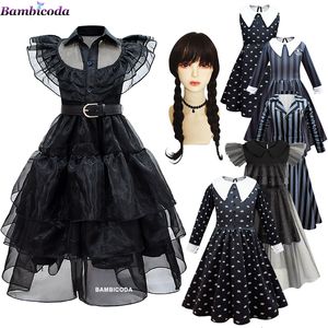 Tema Kostümü Çarşamba Addams Cosplay için Cosplay Kız Kostüm Vestidos Çocuklar için Kızlar Mesh Partisi Elbiseler Karnaval Kostümleri 3-10 Yaş 230907