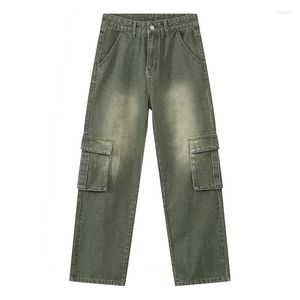 Erkekler Kot 2023 Yeşil Kargo Sıkıntılı Vintage Denim Pantolon Erkek Geniş Bacak Pantolon Erkekler Retro Büyük Boy Hip Hop Sokak Giyim