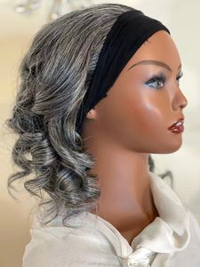 Gerçek insan tuzlu gri kafa bandı peruğu brezilya derin kıvırcık 14 inç parlak makine siyah kadınlar için ucuz gri peruk yaptı