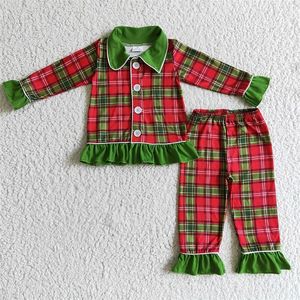 Pijama toptan kız bebek Noel ekose plapwear giyim çocuklar uzun kollu düğme aşağı set fırfır pantolon kıyafeti bebek 230906