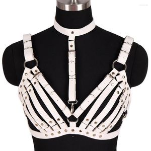 Kemerler Beyaz Deri Kablo Demeti Sutyen Kıyafet Üst Kafes Göğüs Metal Perçin Halkası Ayarlanabilir Kutup Dans Çılgın Vücut Beden Seksi iç çamaşırı Kadınlar