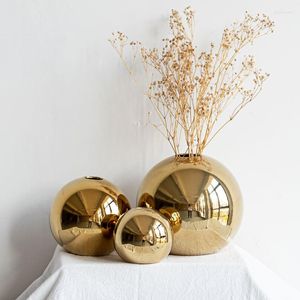 Vases Gold Plated Ceramic Circular Vase Living Room Tabletop Decoration Home Flower Pot Art Hydroponic Crafts