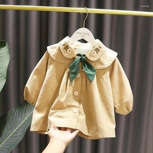Пальто 2023, весенне-осенний модный Тренч для девочек, кукольный воротник, шаль с цветочной вышивкой, топ
