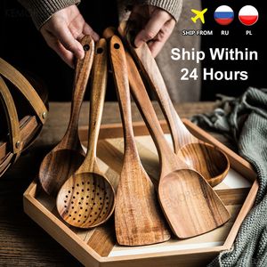 Cooking Utensils Thailand Teak Natural Wood Tableware Spoon Ladle Turner Long Rice Colander Soup Skimmer Cooking Spoons Scoop Kitchen Tool Set 230906