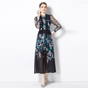 Sıradan Elbiseler Sonbahar Moda Uzun Flowy Elbise Kadın Örgü Kollu Çiçek Baskı Siyah Vintage Şifon Vestidos Tatil Feminino