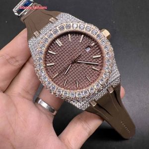 Новейшие мужские часы Iced Diamond, 2 тона, корпус из розового золота, коричневый циферблат, часы 8215, часы с автоматическим механизмом, блестящие хорошие часы «Король ночных клубов» с резиновым ремешком