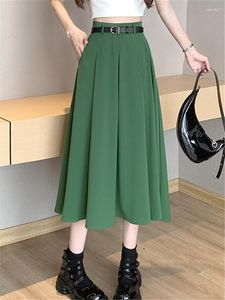 Saias cintura alta verde mulheres plissadas midi com cinto 2023 primavera verão elegante escritório senhora guarda-chuva chique feminino