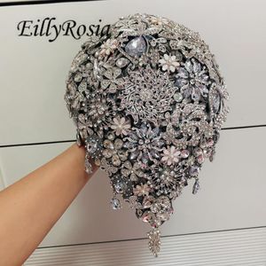 Düğün Çiçekleri Eilirozi Lüks Broş Buket Siparişi Sırp Gümüş Kristaller Gözyaşı Gelin Saten Gülleri Özelleştirilmiş