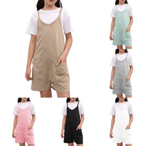 Salıncaklar Çocuklar Yürümeye Başlayan Kız Kızlar Solid Spring Summer Romper Rahat Sapasız Gevşek Spagetti Kayış Şort Bebek Kız Sonbahar Giysileri 230907