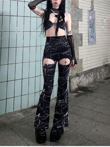Kadın Pantolon Gotik Karanlık Alışveriş Merkezi Mesh Sheer Flare Pant 2023 Vintage Thorns Baskılı Dipler Teknoloji Kesim Pantolon Y2K Grunge Style