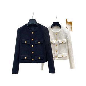 Tasarımcı Kadınlar Ceket Erkek Kadınları Orijinal Kalite Ceketleri Kadın Sonbahar Kış Küçük Kokulu Tüvit Ceket O Boyun Altın Düğmesi Yün Siyah Kısa Dış Giyim