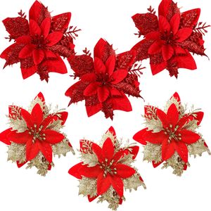 Noel Dekorasyonları 3pcs Çiçekler Kırmızı Altın Bling Çiçek Kafaları Noel Ev Ağacı Navidad Parti Masa Masası Dekor Malzemeleri 230908