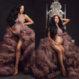 2023 tule roupões de maternidade com arco babados em camadas longo inchado vestido de maternidade de tule feito sob encomenda para fotografia