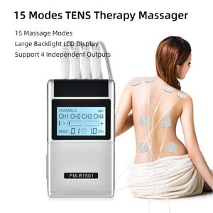Portable Slim Equipment Alat pijat terapi TENS 4 Output alat tubuh Stimulator otot EMS elektrik penghilang nyeri kaki leher punggung 15 mode 230907