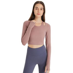 L-214 Yoga Giysileri Üst Hangalar Boyun Sweatshirt Cilt Tee Tee Long Sleve Shirtler Elastik Hızlı Kuru Tişört Çıkarılabilir CU293C