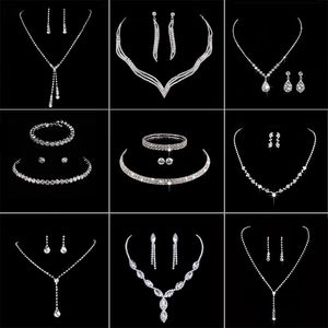 New Women Fashion Bridal Jewelry Rhinestone Crystal Drop Necklace Earring Plated Jewelry Set Ear Clip Wedding Earrings Pendant