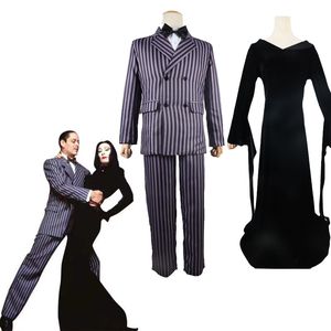 Tema kostüm gomez addams cosplay anime morticia elbise cadılar bayramı karnaval kıyafeti yetişkin çocuk ceket pantolon pantolon pantolon takım elbise parti üniforma 230909