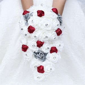 Большой длинный водопад, новые свадебные букеты для невесты и подружки невесты, полиэтиленовые розы, стразы, ручное цветочное украшение для вечеринки, свадьбы2090